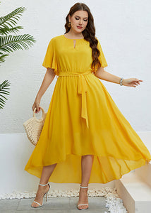 Loose Yellow V Neck Tie Waist Low High Design Solid Chiffon Maxi Dresses Short Sleeve