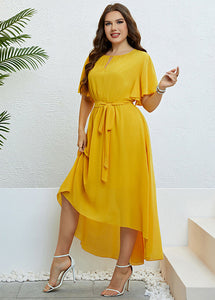 Loose Yellow V Neck Tie Waist Low High Design Solid Chiffon Maxi Dresses Short Sleeve