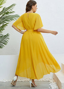 Loose Yellow V Neck Tie Waist Low High Design Solid Chiffon Maxi Dresses Short Sleeve