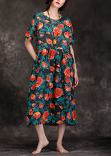 Load image into Gallery viewer, Loose black print linen Long Shirts Fitted Wardrobes v neck Cinched long Summer Dresses