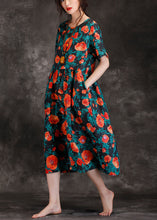 Load image into Gallery viewer, Loose black print linen Long Shirts Fitted Wardrobes v neck Cinched long Summer Dresses