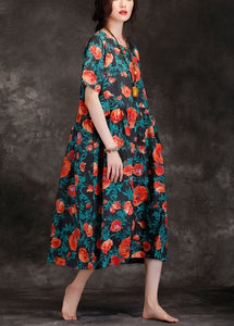 Loose black print linen Long Shirts Fitted Wardrobes v neck Cinched long Summer Dresses