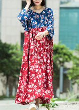 Load image into Gallery viewer, Loose blue red print cotton tunic pattern v neck asymmetric Maxi summer Dresses