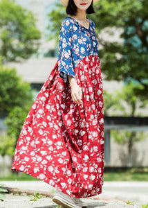 Loose blue red print cotton tunic pattern v neck asymmetric Maxi summer Dresses