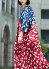 Load image into Gallery viewer, Loose blue red print cotton tunic pattern v neck asymmetric Maxi summer Dresses