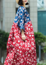 Load image into Gallery viewer, Loose blue red print cotton tunic pattern v neck asymmetric Maxi summer Dresses