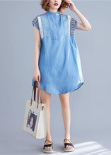 Load image into Gallery viewer, Loose denim blue Cotton dresses stand collar embroidery tunic summer Dresses