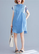 Load image into Gallery viewer, Loose denim blue Cotton dresses stand collar embroidery tunic summer Dresses