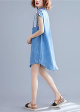 Load image into Gallery viewer, Loose denim blue Cotton dresses stand collar embroidery tunic summer Dresses