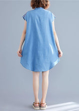 Load image into Gallery viewer, Loose denim blue Cotton dresses stand collar embroidery tunic summer Dresses