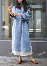 Load image into Gallery viewer, Loose denim blue Tunics stand collar side open Plus Size Dresses