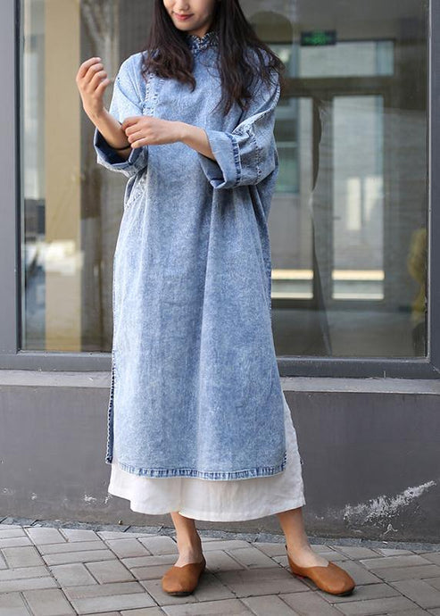 Loose denim blue Tunics stand collar side open Plus Size Dresses