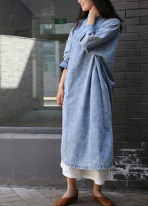 Loose denim blue Tunics stand collar side open Plus Size Dresses