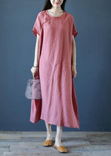 Load image into Gallery viewer, Loose o neck short sleeve linen dresses Sewing pink Dresses