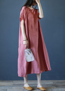 Loose o neck short sleeve linen dresses Sewing pink Dresses