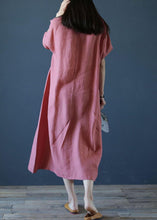 Load image into Gallery viewer, Loose o neck short sleeve linen dresses Sewing pink Dresses