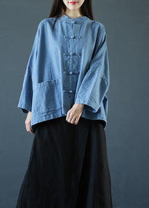 Loose stand collar Chinese Button clothes For Women Sleeve denim light blue shirts