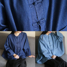 Load image into Gallery viewer, Loose stand collar Chinese Button clothes For Women Sleeve denim light blue shirts