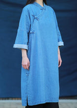 Load image into Gallery viewer, Loose stand collar Tunic Photography denim light blue Dress