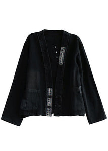 Luxury Black Embroideried Pockets Button Patchwork Fall Denim Coat