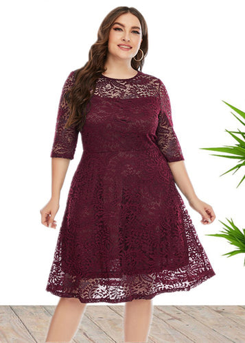 Maroon O-Neck Lace Mid Dress Half Sleeve