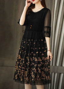 Modern Black Embroideried Chiffon Cinched Dress Summer