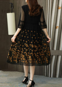 Modern Black Embroideried Chiffon Cinched Dress Summer