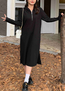 Modern Black Hooded Side Open Spandex Maxi Dress Fall