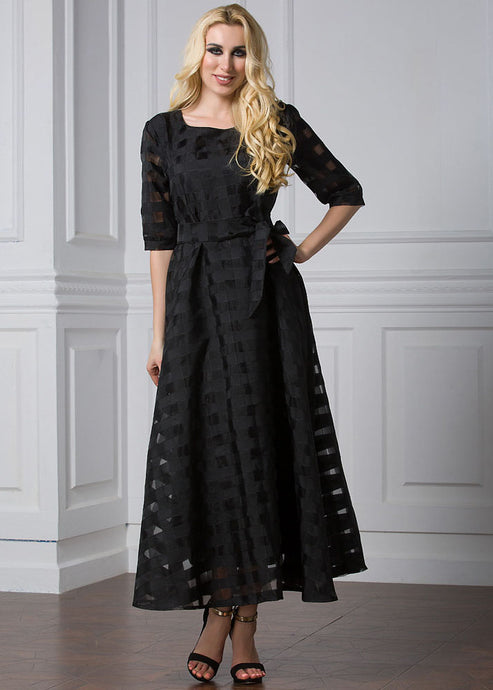 Modern Black O-Neck Patchwork Tie Waist Organza Vacation Long Dresses Half Sleeve