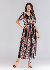 Modern Black Patchwork Tie Waist Chiffon Holiday Maxi Dresses Summer