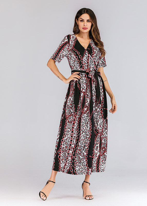 Modern Black Patchwork Tie Waist Chiffon Holiday Maxi Dresses Summer