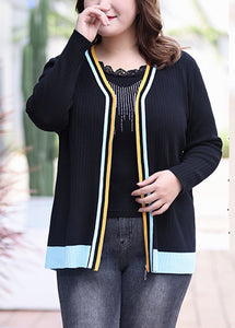 Modern Black V Neck Striped Patchwork Zippered Knit Top Fall