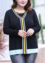 Load image into Gallery viewer, Modern Black V Neck Striped Patchwork Zippered Knit Top Fall