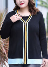 Load image into Gallery viewer, Modern Black V Neck Striped Patchwork Zippered Knit Top Fall