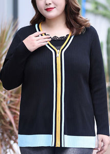 Modern Black V Neck Striped Patchwork Zippered Knit Top Fall