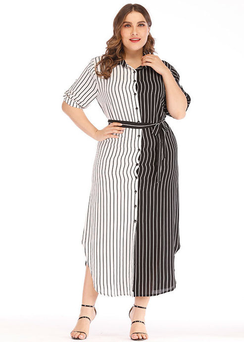 Modern Black White Striped Peter Pan Collar Patchwork Button Maxi Shirts Dress Short Sleeve