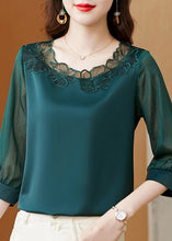 Load image into Gallery viewer, Modern Blackish Green Oversized Patchwork Lace Silk Top Bracelet Sleeve