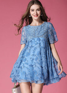 Modern Blue O-Neck Embroideried Organza Dresses Summer