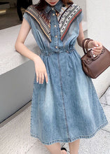 Load image into Gallery viewer, Modern Blue Peter Pan Collar Patchwork Drawstring Denim Mid Dress Short Sleeve