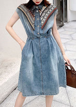 Load image into Gallery viewer, Modern Blue Peter Pan Collar Patchwork Drawstring Denim Mid Dress Short Sleeve