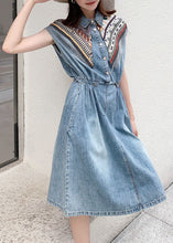 Load image into Gallery viewer, Modern Blue Peter Pan Collar Patchwork Drawstring Denim Mid Dress Short Sleeve