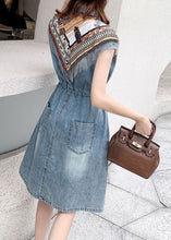 Load image into Gallery viewer, Modern Blue Peter Pan Collar Patchwork Drawstring Denim Mid Dress Short Sleeve