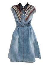 Load image into Gallery viewer, Modern Blue Peter Pan Collar Patchwork Drawstring Denim Mid Dress Short Sleeve