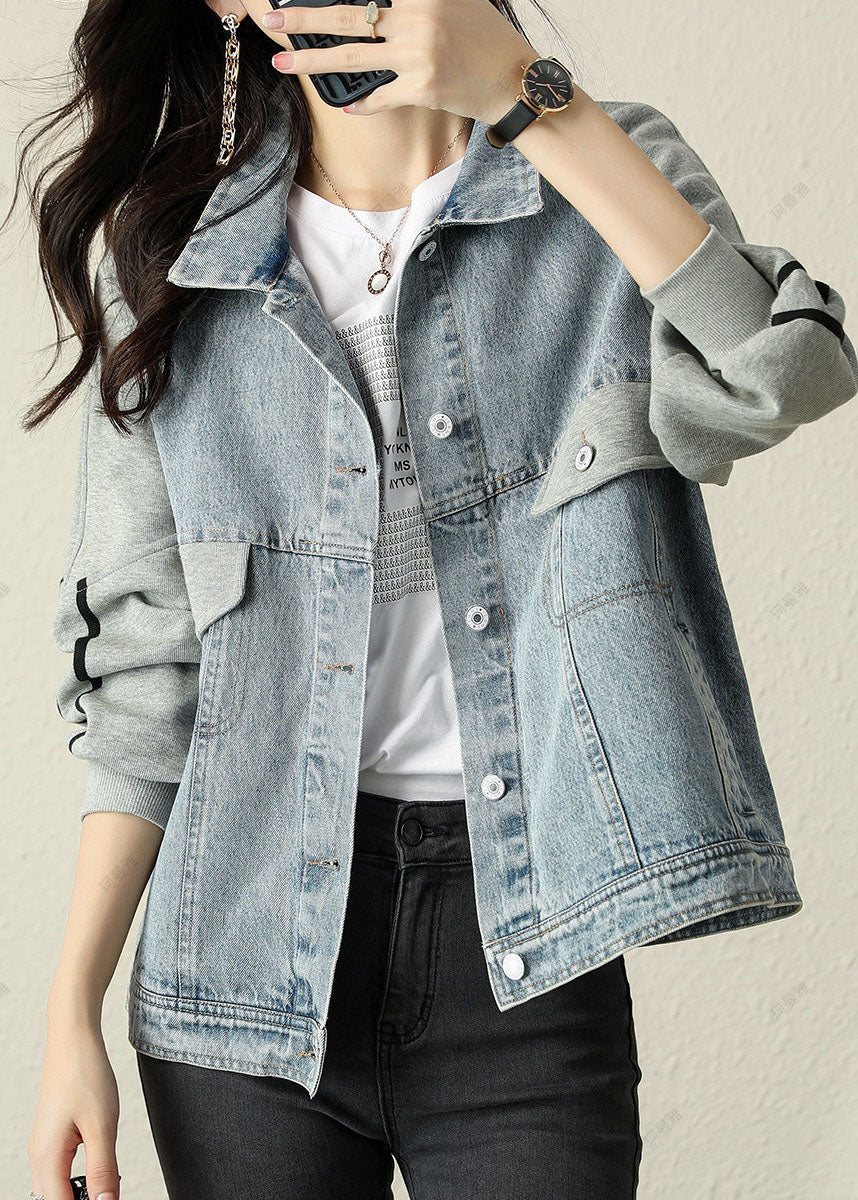 Modern Blue PeterPan Collar Button Patchwork denim Jacket Spring