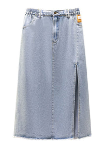 Modern Blue Pockets Side Open Patchwork Denim Skirts Summer