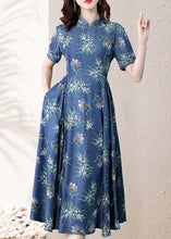 Load image into Gallery viewer, Modern Blue Stand Collar Cinched Print Denim Dress Short Sleeve