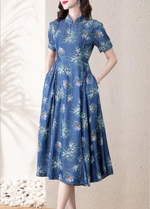 Modern Blue Stand Collar Cinched Print Denim Dress Short Sleeve