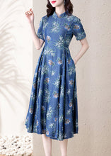 Load image into Gallery viewer, Modern Blue Stand Collar Cinched Print Denim Dress Short Sleeve