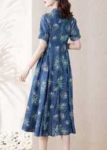 Load image into Gallery viewer, Modern Blue Stand Collar Cinched Print Denim Dress Short Sleeve