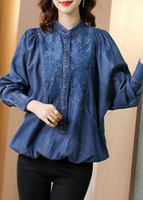 Load image into Gallery viewer, Modern Blue Stand Collar Embroideried Cotton Denim Coats Batwing Sleeve